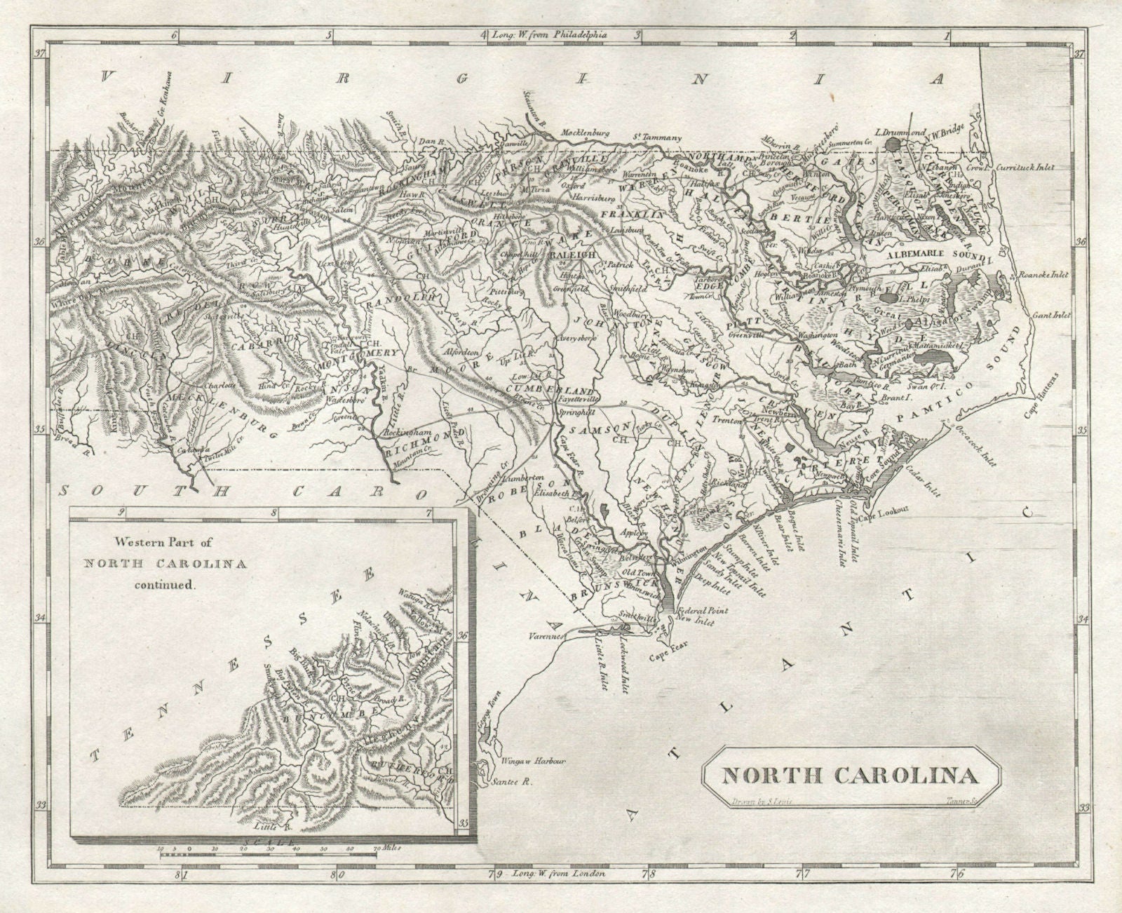 North Carolina state map by Arrowsmith & Lewis 1812 old antique plan chart